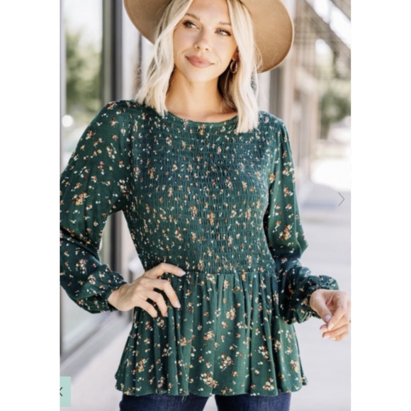 Jodifl Ditsy Floral Print Smocked Peplum Babydoll Top Women's Size Small - Picture 1 of 10